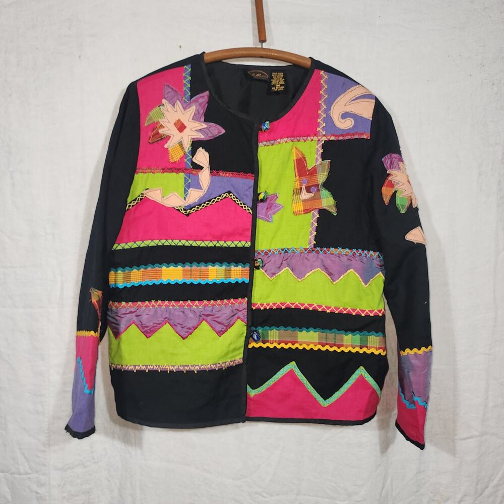 Vintage 90s ALLURE appliqué artsy jacket blazer colorful vibrant M cotton rayon